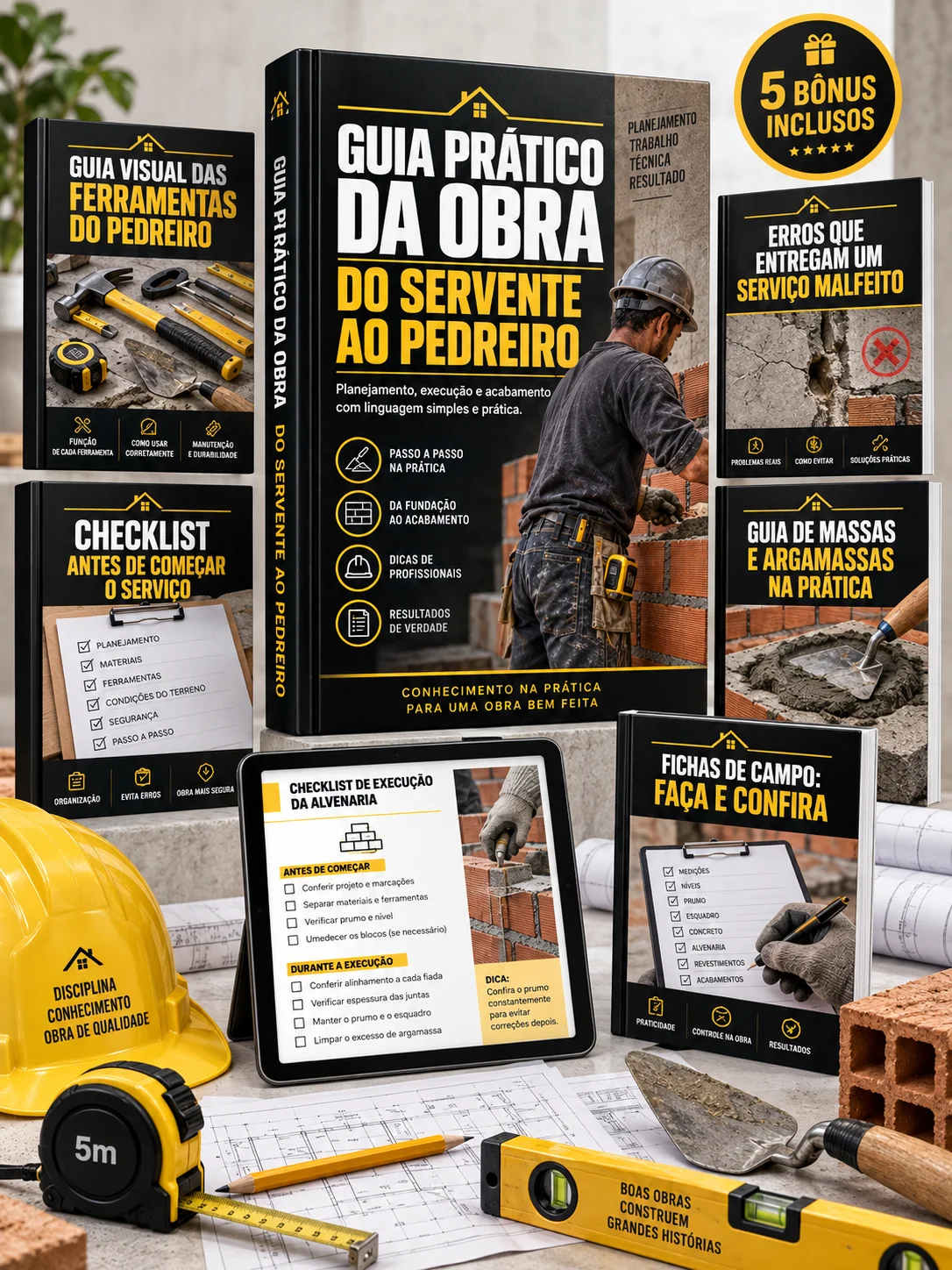 Apresentação ilustrativa do guia digital com fichas de técnicas, checklists e bônus de pedreiro